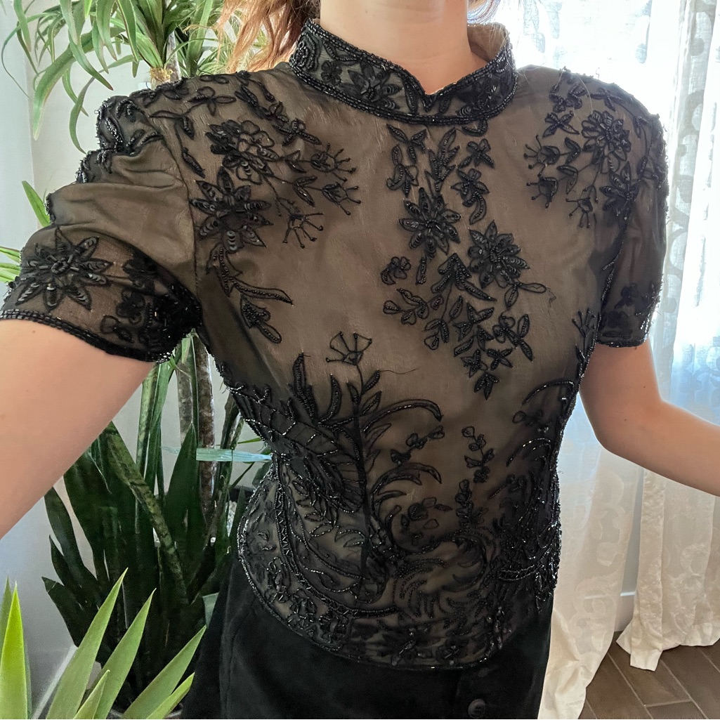 Embroidery Beaded Vintage Silk Blouse Mandarin Style Collar As Is Some Shear